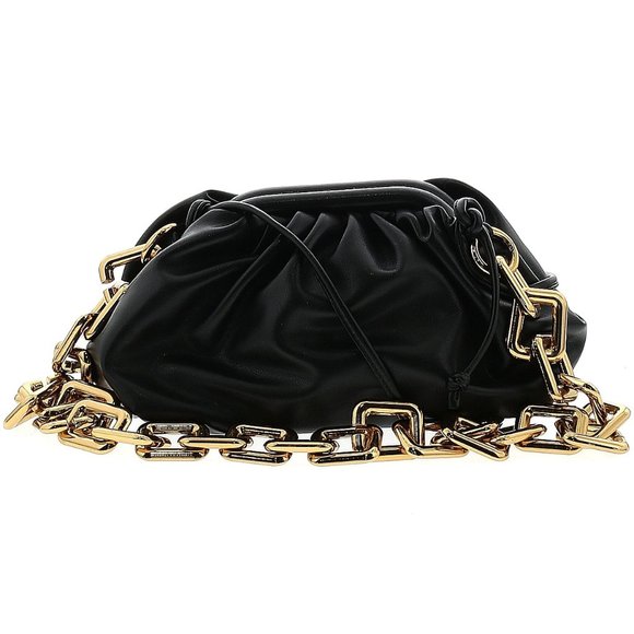 Pleated Leather Dumpling Bag Chunky Chain Crossbody Bag Satchel Black and Gold - Picture 1 of 7